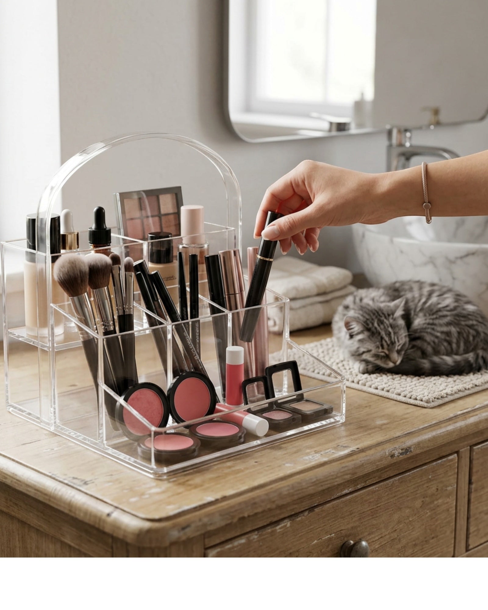 Layeo Clear Acrylic Stepped Cosmetic Caddy with Handle - Lifestyle view